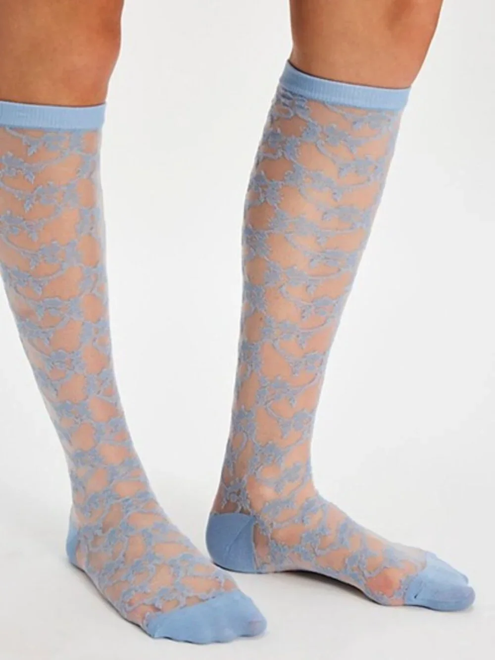 Free People Amour Floral Lace Knee High Socks Ice Blue